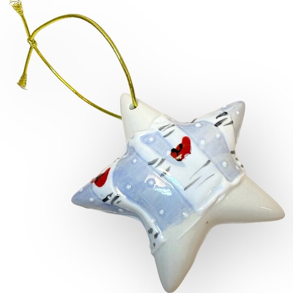 Christmas Ornament Ceramic Star Hand Painted Red Cardinal Woods Tree Snow - Picture 1 of 3